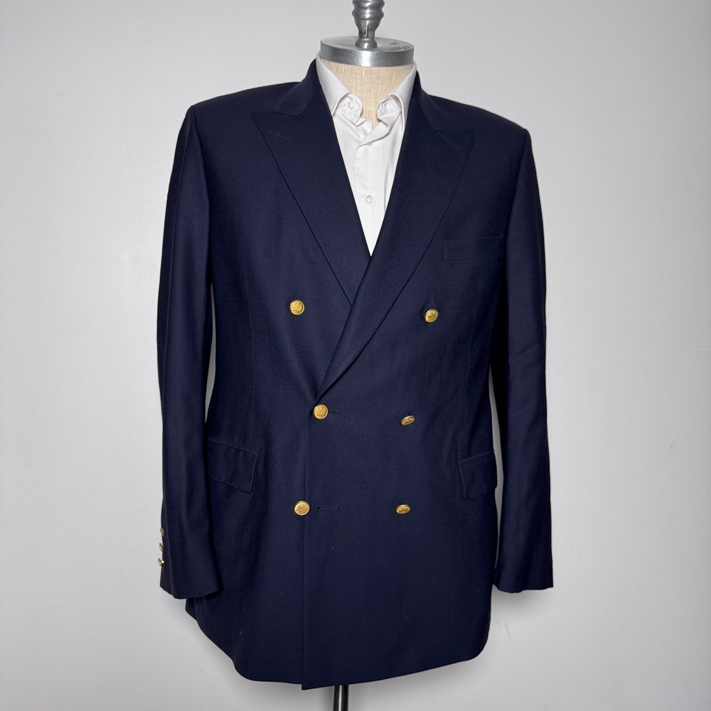 Brooks Brothers Blazer Mens 46L Navy Blue Solid Double Breasted Brooksease Wool